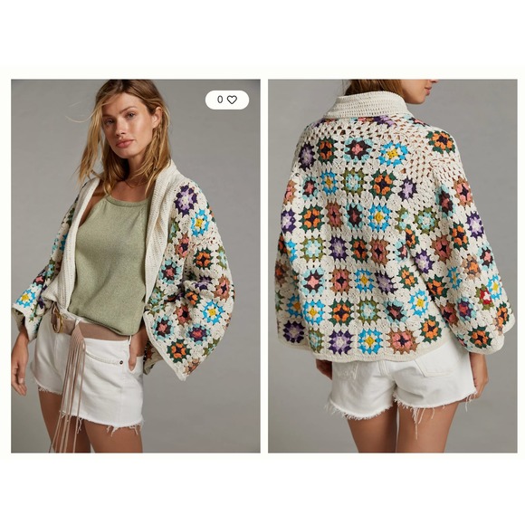 Anthropologie Sweaters - Anthropologie Crochet Granny Square Cardigan Open Boho Chunky Rare HTF OS